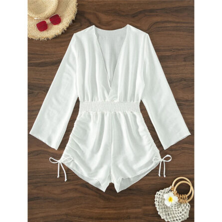 Vacation Time Deep V Neck Long Sleeve Beach Cover Up Romper - Image 9