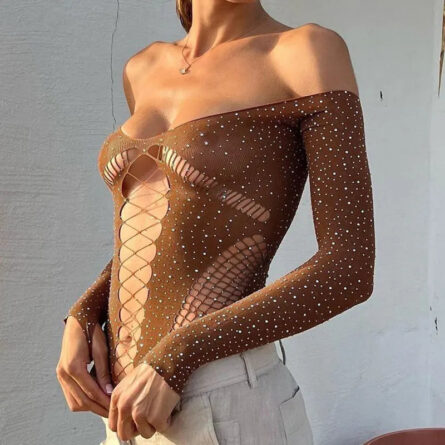Sexy Shiny Rhinestone Hollow Out Bodysuit - Image 12