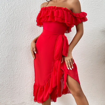 Red Romance Sexy One Piece Ruffle Swimsuit and Beach Cover Up Skirt - Image 3
