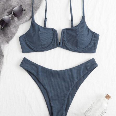Elle Solid V Neck Ribbed Push Up Bikini – Bild 10
