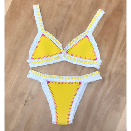 Blue Yellow Neoprene Crochet Swimwear Bikini Set - Image 10