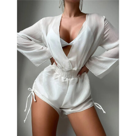 Vacation Time Deep V Neck Long Sleeve Beach Cover Up Romper - Image 5