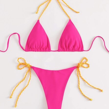 Neon Pink Halter Thong String Tie Side Triangle Bikini - Image 3