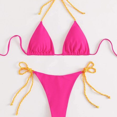 Neon Pink Halter Thong String Tie Side Triangle Bikini - Image 10