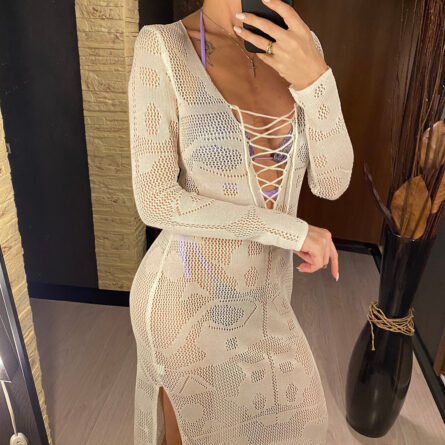 Island Sunset Crochet Beach Deep V Plunge Cover Up Dress – Bild 23