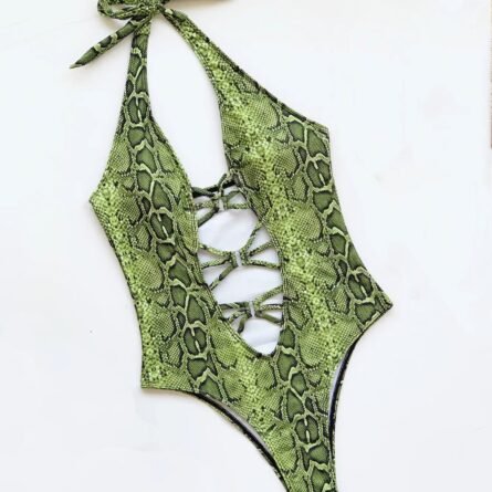 Snake Print Deep Plunge Cut Out Swimsuit - Image 26