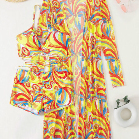 Three Piece Set High Waist Swim Shorts Bikini and Cover Up - Image 17