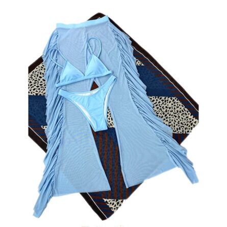 3 Piece Bikini Set with Transparent Mesh Ruffled Beach Cover Up Pants - Image 4