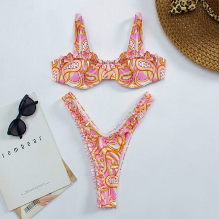 Cute Floral High Cut Push Up Brazilian Thong Bikini - Image 5