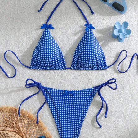 Sunset Charm Plaid Bikini With Bows - Image 26