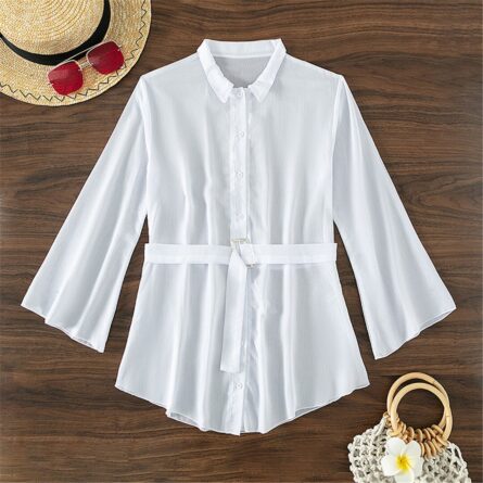 White Long Sleeve Shirt With Belt Bikini Cover Up - Image 6
