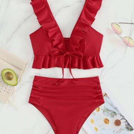 Cute Modest High Waist Ruffle Bikini – Bild 26