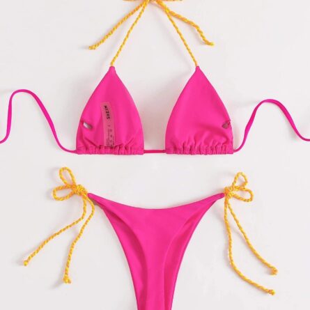 Neon Pink Halter Thong String Tie Side Triangle Bikini - Image 11
