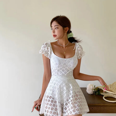 Divine White Short Sleeve Lace Swimsuit Set - Image 9