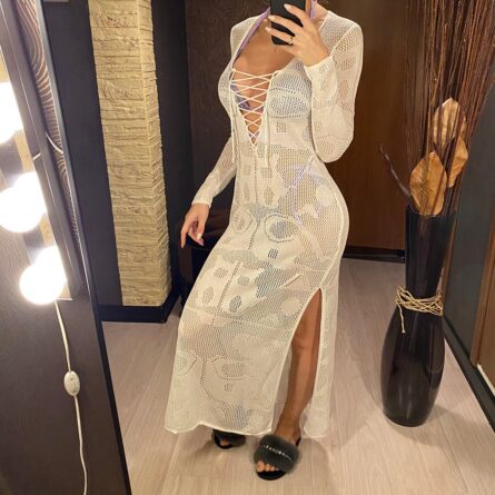 Island Sunset Crochet Beach Deep V Plunge Cover Up Dress – Bild 19