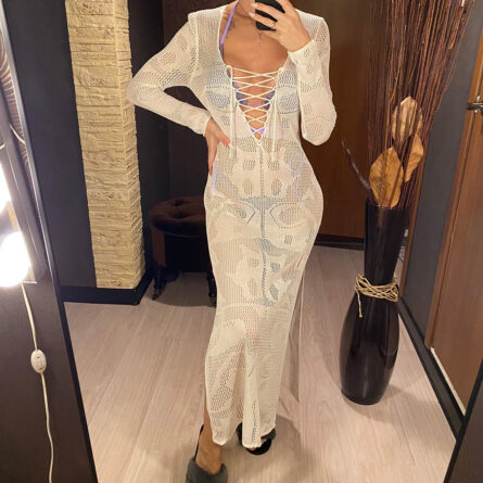 Island Sunset Crochet Beach Deep V Plunge Cover Up Dress – Bild 16