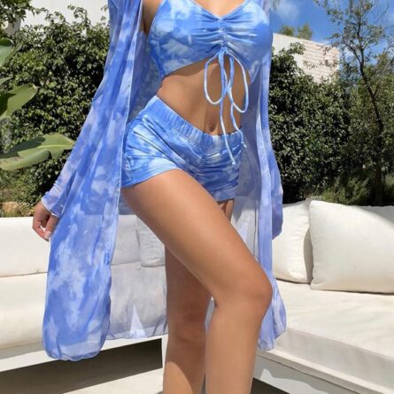 Three Piece Set High Waist Swim Shorts Bikini and Cover Up - Image 5