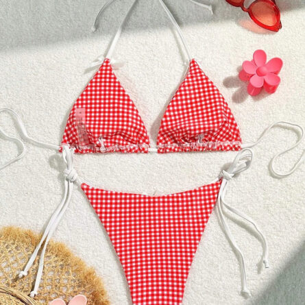 Sunset Charm Plaid Bikini With Bows - Image 10