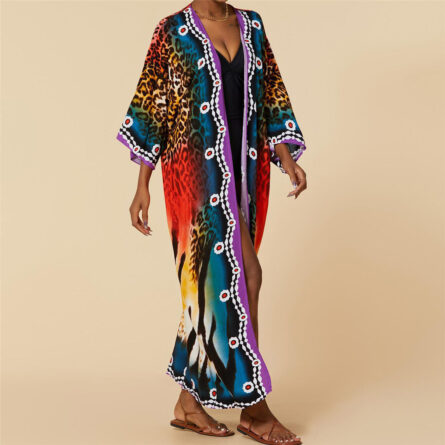 Colorful Leopard Belted Long Beach Cover Up Tunic - Image 6