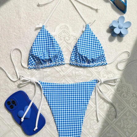Sunset Charm Plaid Bikini With Bows - Image 9
