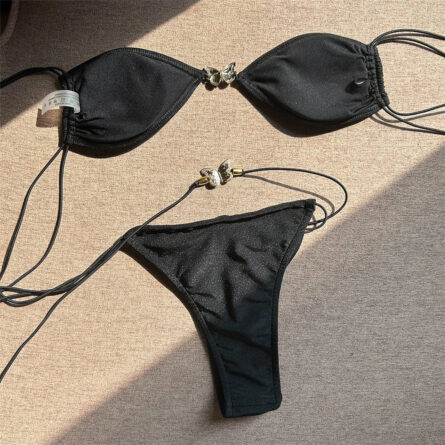 Shiny Black Metal Butterfly Halter  Bikini - Image 6