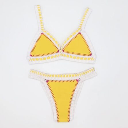 Blue Yellow Neoprene Crochet Swimwear Bikini Set - Image 2