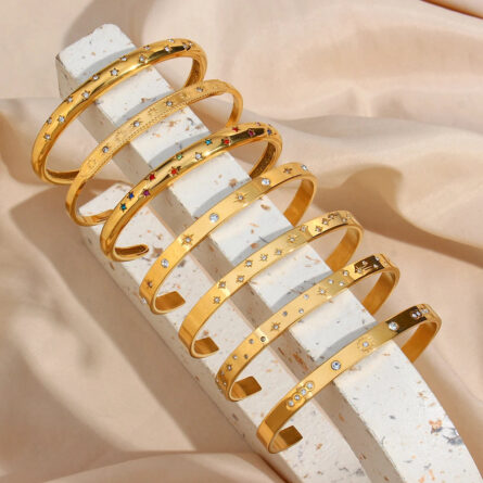 Gold Plated Waterproof Shiny Star & Moon Crystal Cuff Bangles - Image 6