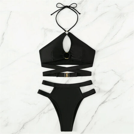 Black Cut Out Wrap Around Halter Strappy Bikini - Image 4