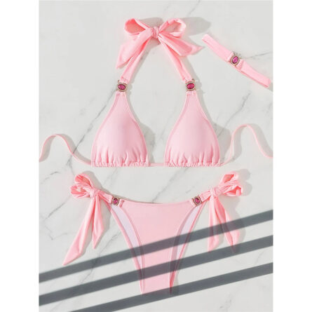 Pink Sunset Diamond Rhinestones Halter Bikini - Image 7