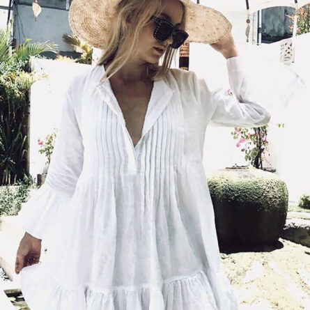 Sunset and Swim Loose Pleated White Beach Cover Up Dress – Bild 6