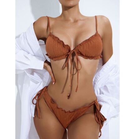 Brazilian Ruffle Ruched Solid Bikini - Image 2