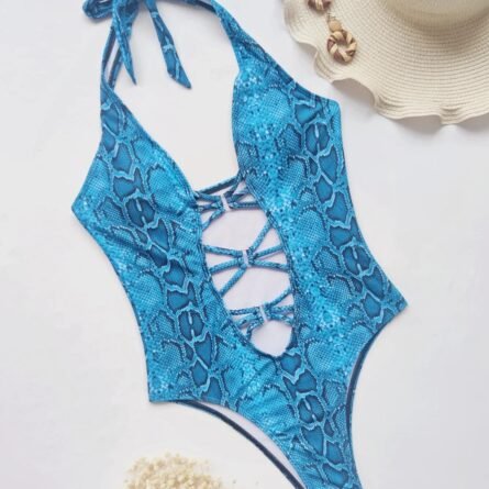 Snake Print Deep Plunge Cut Out Swimsuit - Image 35