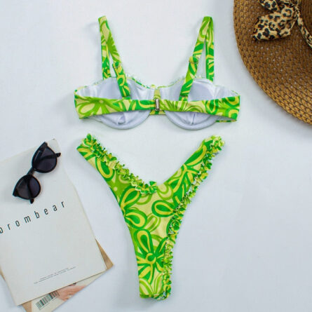 Cute Floral High Cut Push Up Brazilian Thong Bikini - Image 3