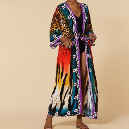 Colorful Leopard Belted Long Beach Cover Up Tunic - Image 4