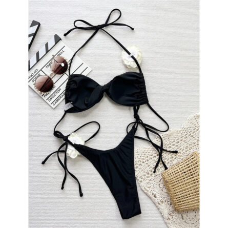 Sunset and Swim 3D Flowers Halter Brazilian Strappy Bikini - Image 8