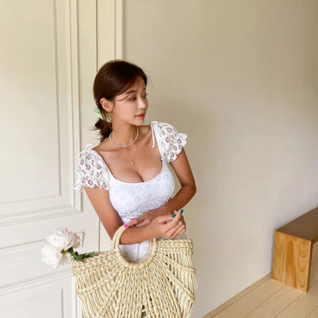 Divine White Short Sleeve Lace Swimsuit Set - Image 15