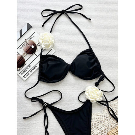 Sunset and Swim 3D Flowers Halter Brazilian Strappy Bikini - Image 9