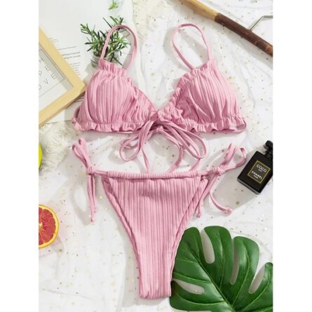 Brazilian Ruffle Ruched Solid Bikini - Image 17