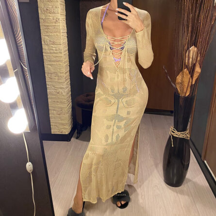 Island Sunset Crochet Beach Deep V Plunge Cover Up Dress – Bild 24