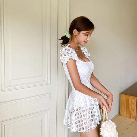 Divine White Short Sleeve Lace Swimsuit Set - Image 23