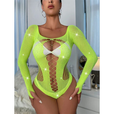 Sexy Shiny Rhinestone Hollow Out Bodysuit - Image 8