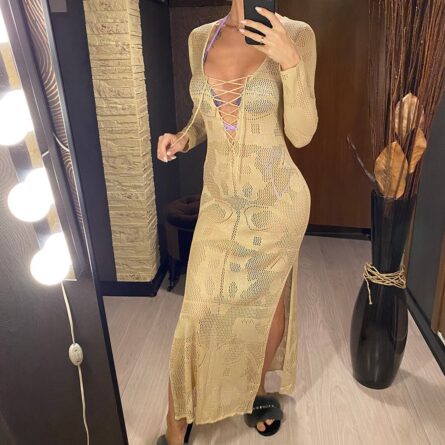 Island Sunset Crochet Beach Deep V Plunge Cover Up Dress – Bild 25