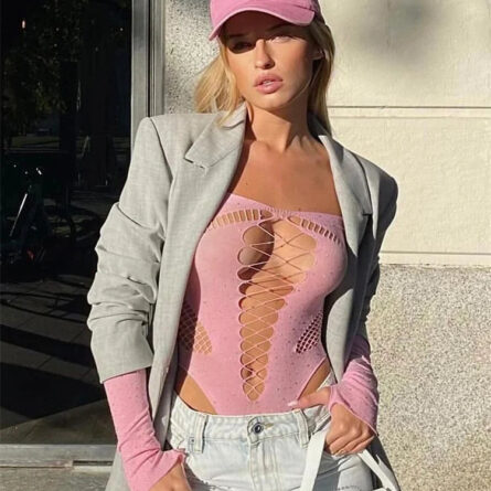 Sexy Shiny Rhinestone Hollow Out Bodysuit - Image 2