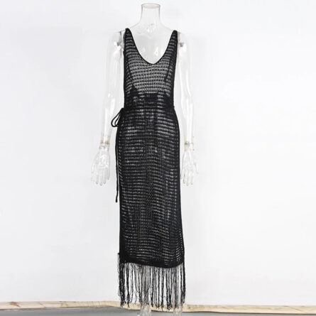 Gabriella Fringe Open Back Crochet Beach Cover Up Dress - Image 34