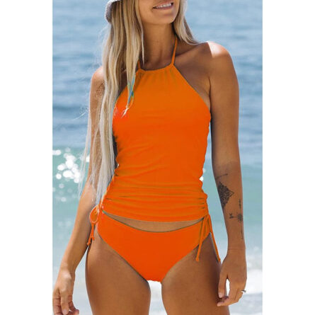 Two Piece Drawstring Ruched Side Halter Neck Tankini Set - Image 20