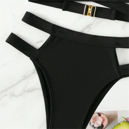 Black Cut Out Wrap Around Halter Strappy Bikini - Image 7