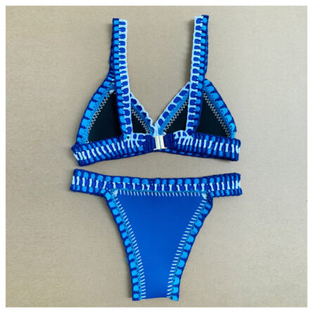 Blue Yellow Neoprene Crochet Swimwear Bikini Set - Image 8