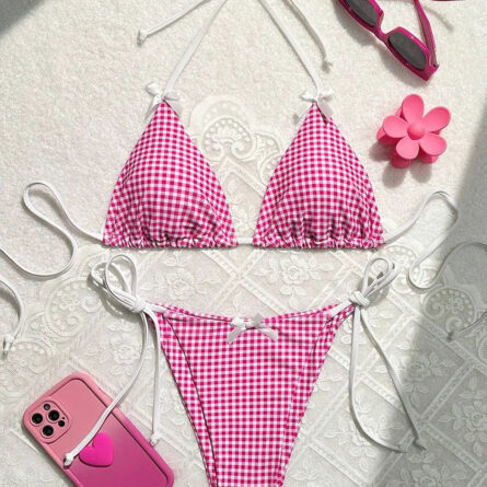 Sunset Charm Plaid Bikini With Bows - Image 4