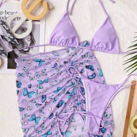 Premium Halter Butterfly Printed Bikini Set With Beach Cover Up Skirt - Image 3