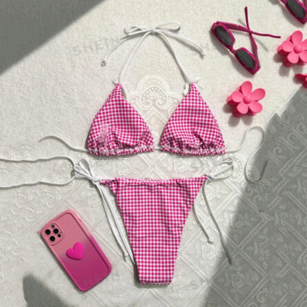 Sweet Sunset Plaid Bows Halter Bikini – Bild 7